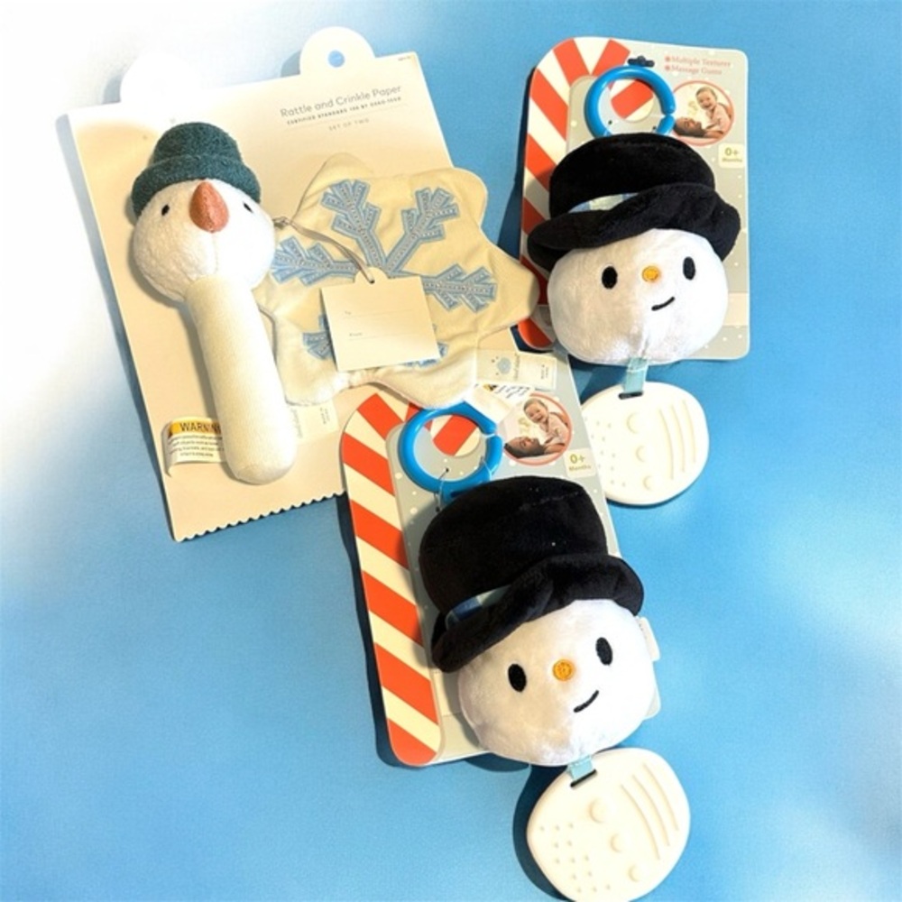 3 Lot Winter Baby Rattle & Teether Set – Snowman Plush Toys with Crinkle sheet